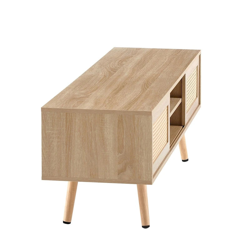 55.12 Rattan TV cabinet, double sliding doors for storage, adjustable shelf, solid wood legs, TV console