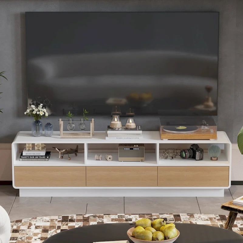 70.9" TV Stand with Oak Veneer Drawers and Open Shelving