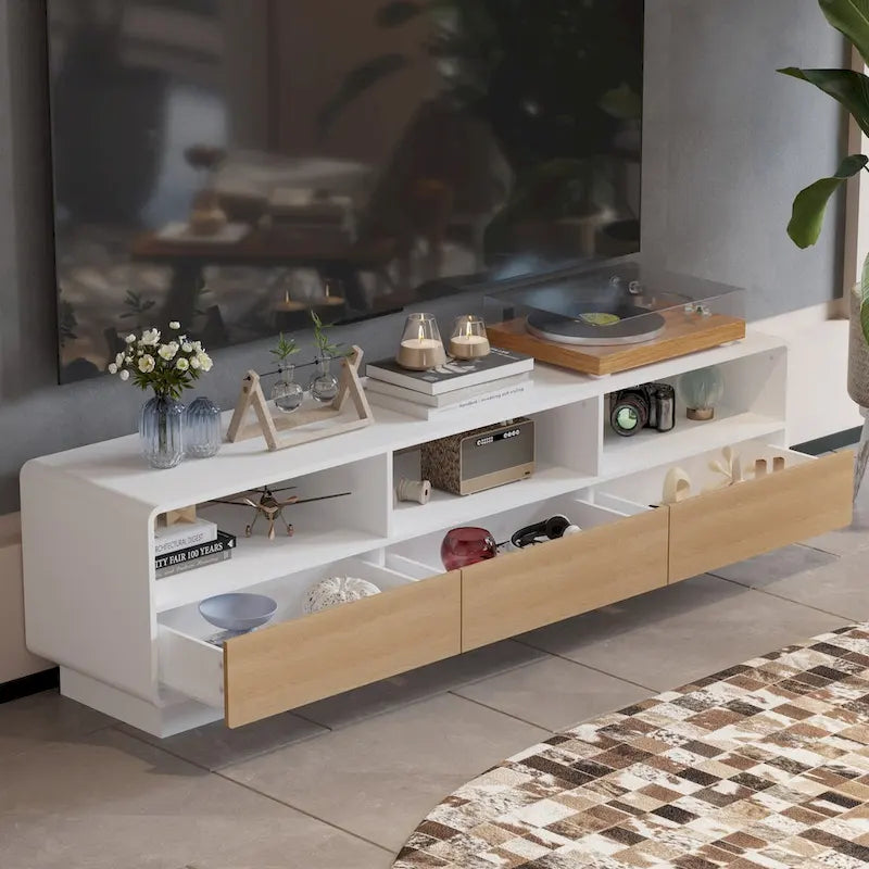 70.9" TV Stand with Oak Veneer Drawers and Open Shelving