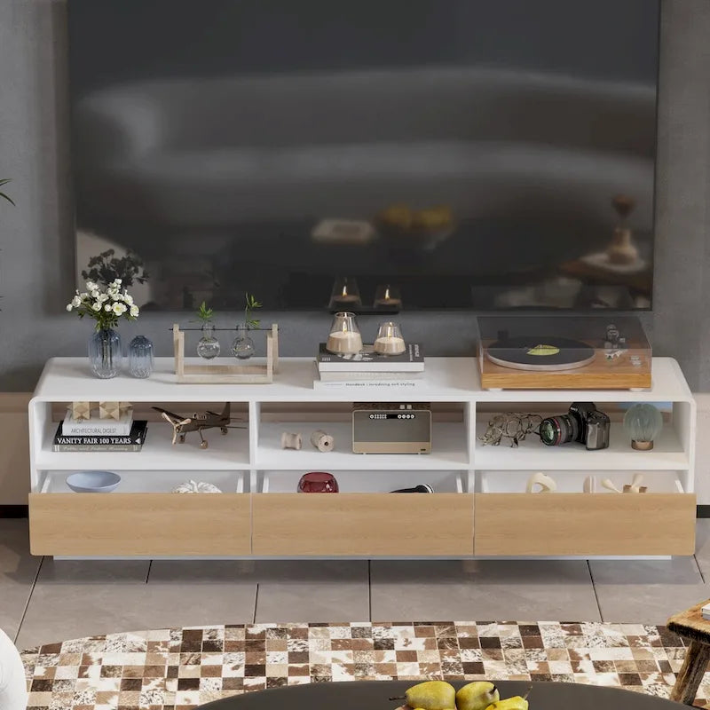 70.9" TV Stand with Oak Veneer Drawers and Open Shelving