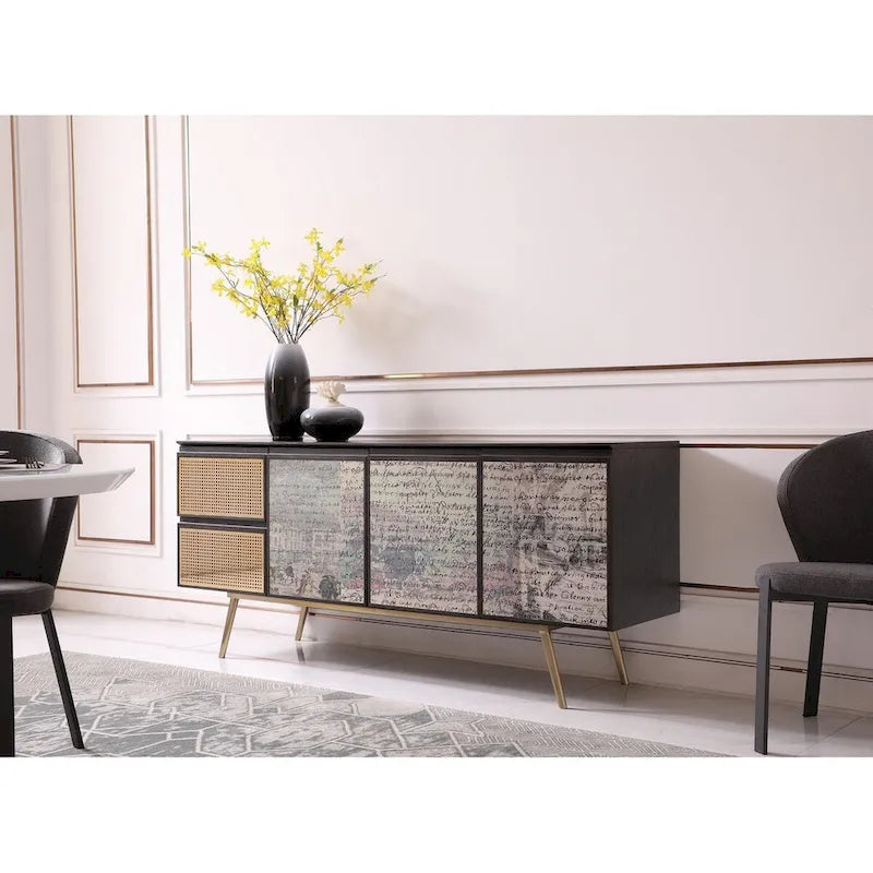 Modern Smoked Ash and Brass Buffet with Decoupage Doors