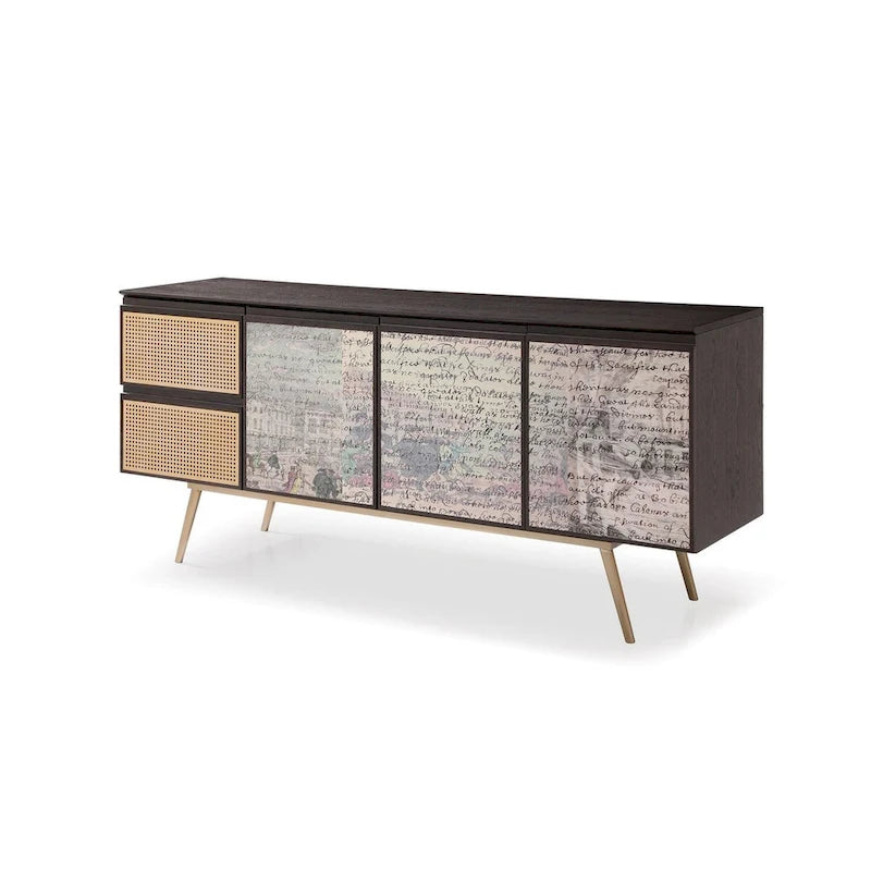 Modern Smoked Ash and Brass Buffet with Decoupage Doors