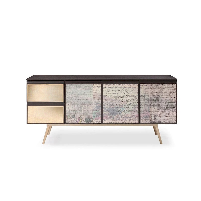 Modern Smoked Ash and Brass Buffet with Decoupage Doors