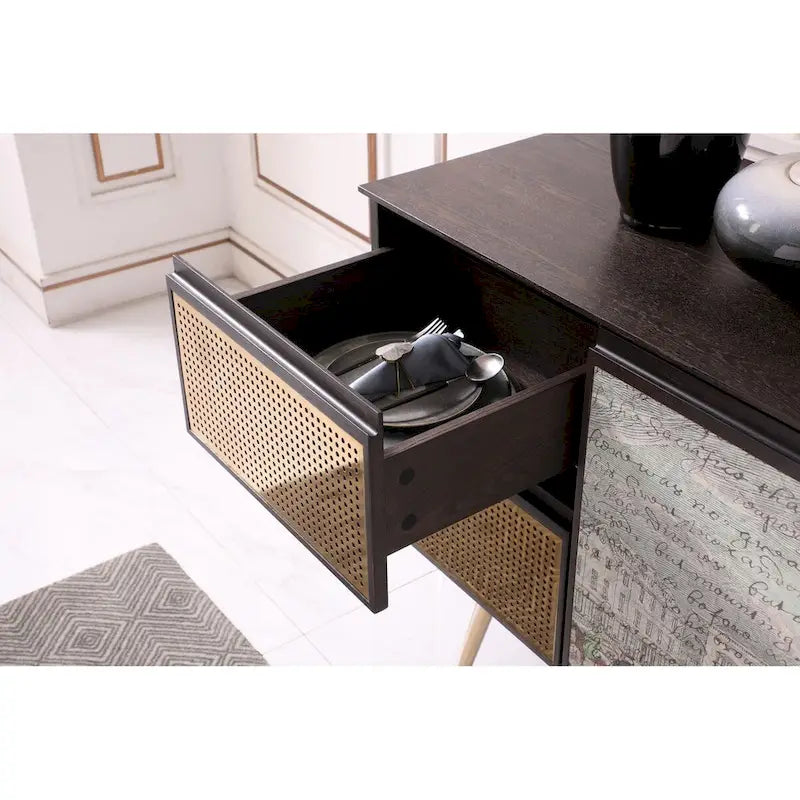 Modern Smoked Ash and Brass Buffet with Decoupage Doors