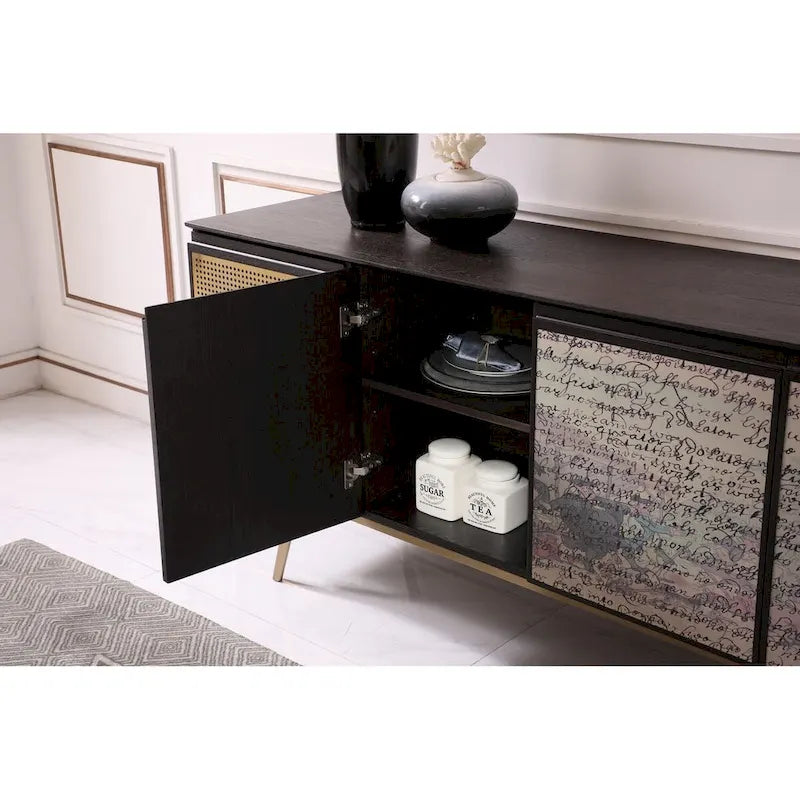 Modern Smoked Ash and Brass Buffet with Decoupage Doors