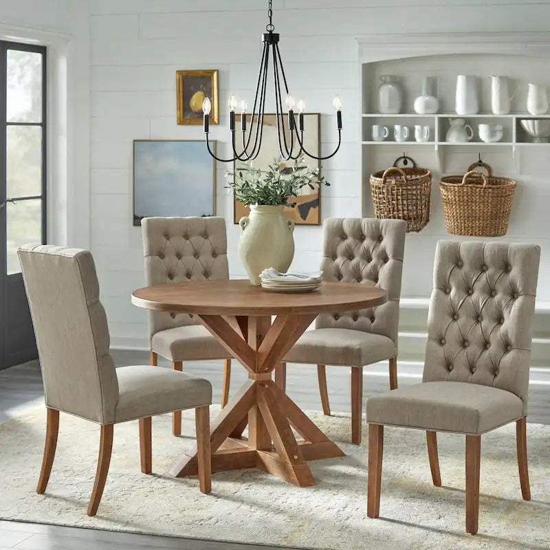 5-Piece Modern Farmhouse Pedestal Dining Set with Upholstered Chairs